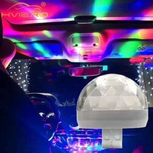 Luz Ambiente USB para Carro - RGB Mini, Projeção de Som e Luz Colorida, Lâmpada Interior para Festas, DJ e Decoração Automotiva