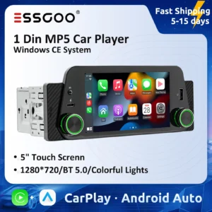 Central Multimídia Universal 1Din ESSGOO com Tela Touch 5'' - CarPlay Sem Fio e MP5 Player