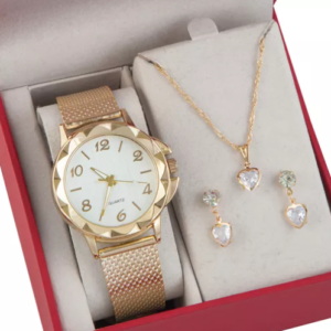 Relógio Feminino+ Colar Pingente Brincos Folheado A Ouro 18k