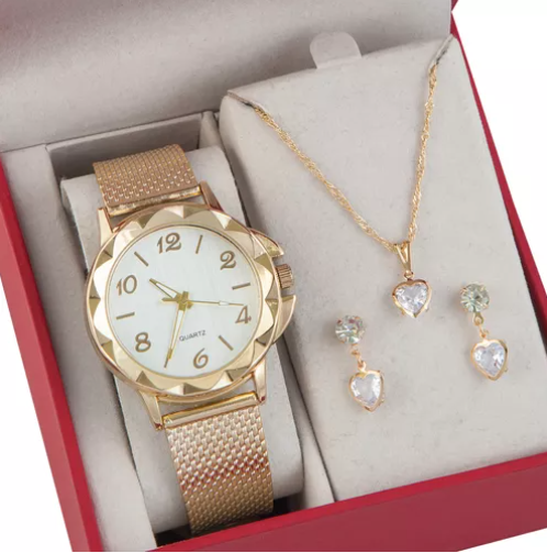 Relógio Feminino+ Colar Pingente Brincos Folheado A Ouro 18k