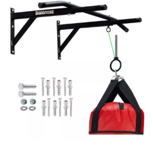 Barra Fixa de Parede para taf e treino em casa cor preto com suporte de saco de pancada